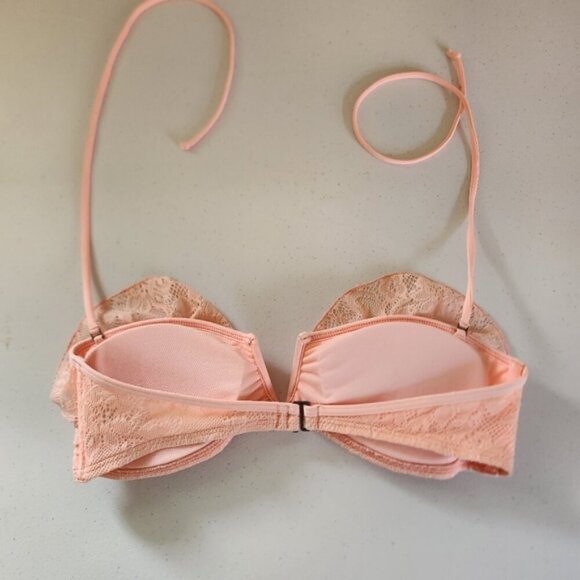 Abercrombie Peach Pink Crochet Ruffle Bandeau Halter Swimsuit Bikini Top Swim - Picture 3 of 8